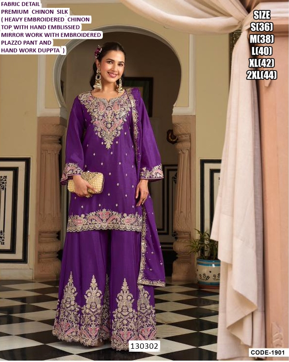 Chinon Silk Embroidered Palazzo Set with Dupatta for Women