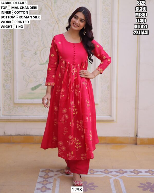 Printed Mal Chanderi Anarkali Suit Set for Women