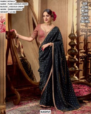 Embroidered Viscous Crepe Saree for Women | Party Wear Ethnic Saree