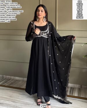 Black Embroidered Fox Georgette Anarkali Suit Set for Women