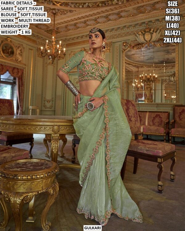 Aqua Soft Tissue Saree for Women | Multi Thread Embroidered Party Wear Saree