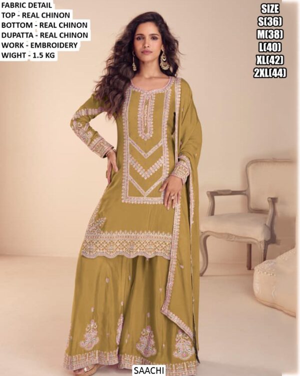 Dusty Mauve Real Chinon Embroidered Kurta Palazzo Set for Women