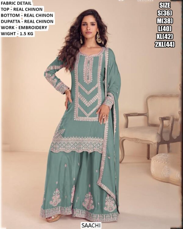 Dusty Mauve Real Chinon Embroidered Kurta Palazzo Set for Women