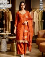 Rust Orange Vichitra Silk Kurta Set for Women | Embroidered Ethnic Wear