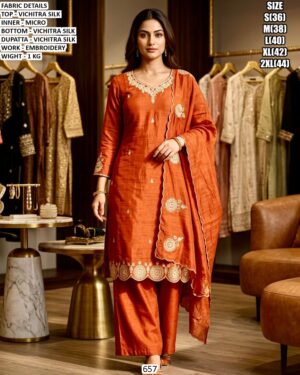Rust Orange Vichitra Silk Kurta Set for Women | Embroidered Ethnic Wear