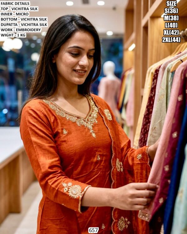 Rust Orange Vichitra Silk Kurta Set for Women | Embroidered Ethnic Wear