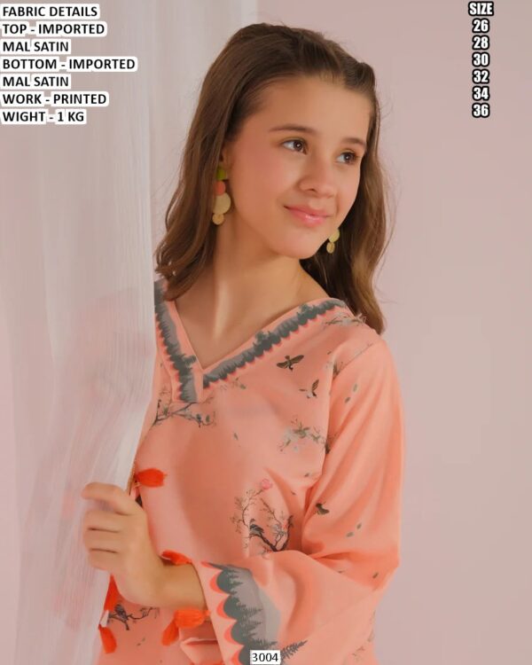 Girls Peach Printed Satin Co-ord Set | Stylish Kids Ethnic Wear