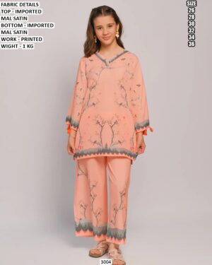 Girls Peach Printed Satin Co-ord Set | Stylish Kids Ethnic Wear