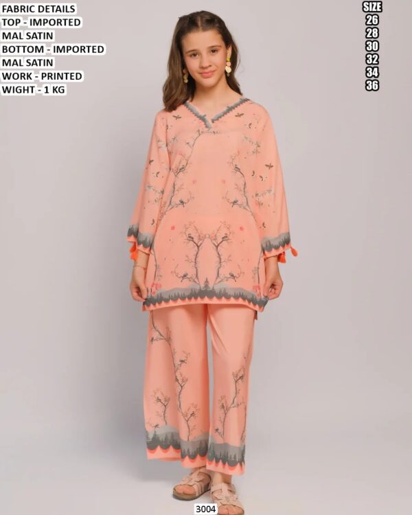 Girls Peach Printed Satin Co-ord Set | Stylish Kids Ethnic Wear