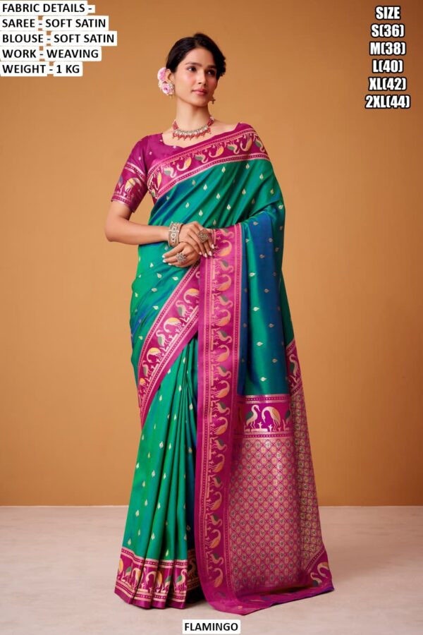 Soft Satin Saree for Women | Green Border Weaving Festive Saree