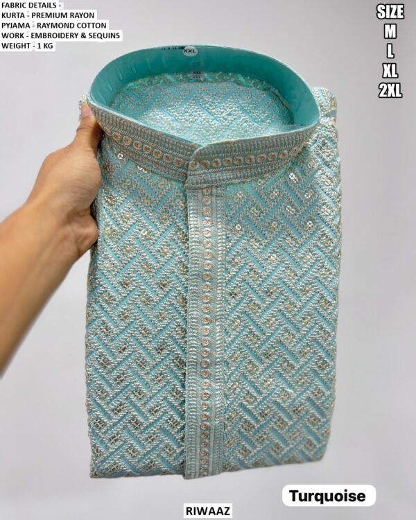 Premium Turquoise Kurta Pajama for Men with Embroidery & Sequins Work