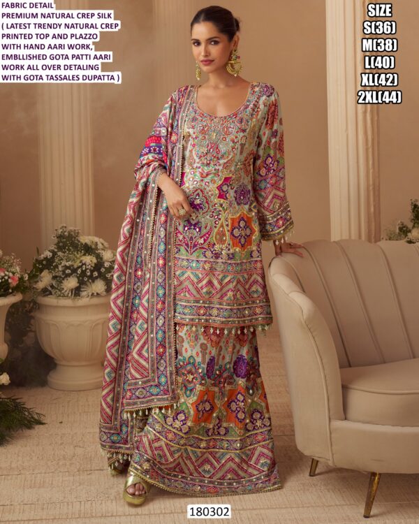 Natural Crepe Silk Printed Palazzo Suit with Aari Work & Gota Tassel Dupatta