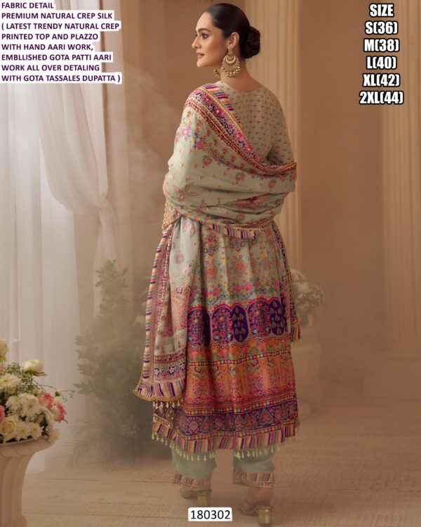 Natural Crepe Silk Printed Palazzo Suit with Aari Work & Gota Tassel Dupatta