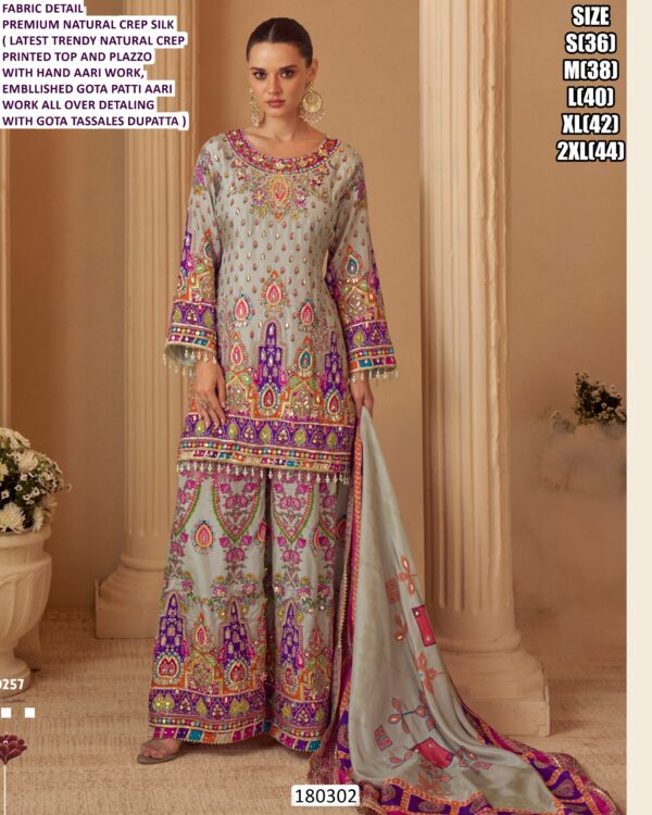 Natural Crepe Silk Printed Palazzo Suit with Aari Work & Gota Tassel Dupatta