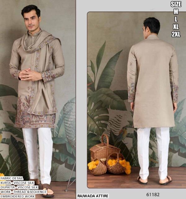 Embroidered Viscose Silk Kurta with Dupatta for Men | Festive & Wedding Wear
