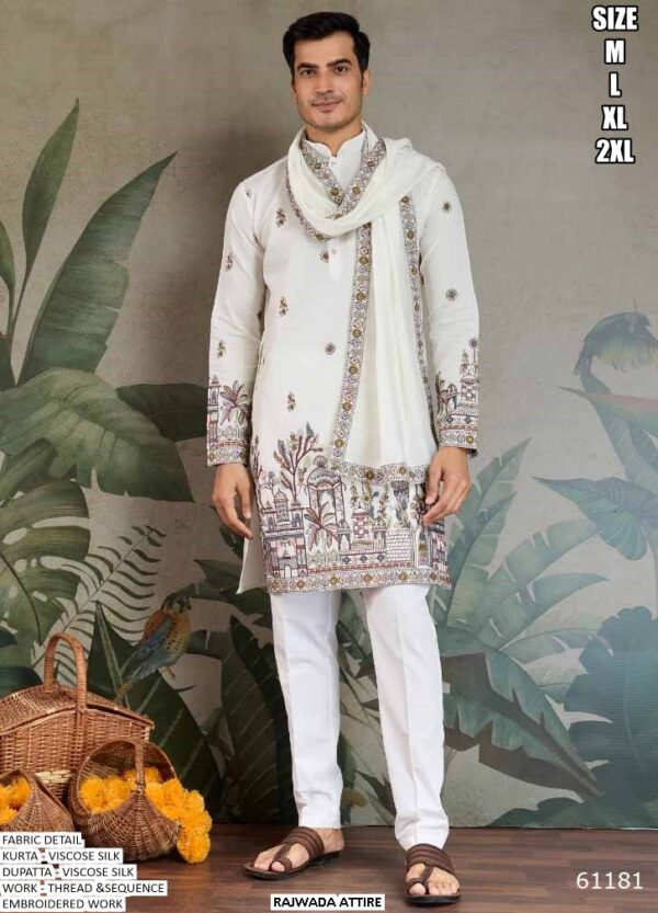 Embroidered Viscose Silk Kurta with Dupatta for Men | Festive & Wedding Wear