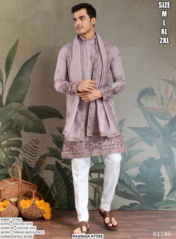 Embroidered Viscose Silk Kurta with Dupatta for Men | Festive & Wedding Wear