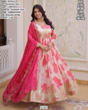 Designer Russian Silk Floral Anarkali Dress with Embroidered Dupatta