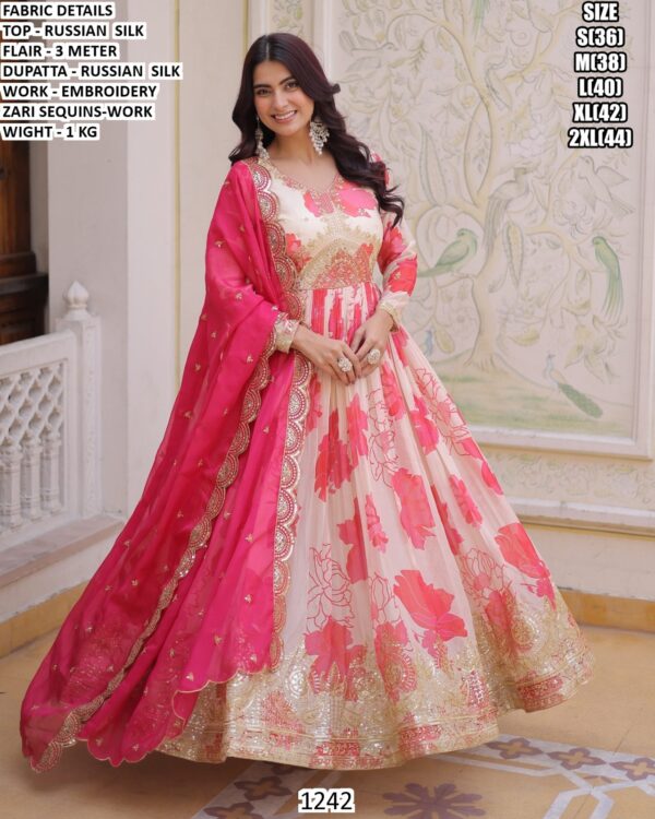 Designer Russian Silk Floral Anarkali Dress with Embroidered Dupatta