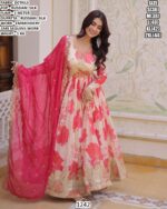 Designer Russian Silk Floral Anarkali Dress with Embroidered Dupatta