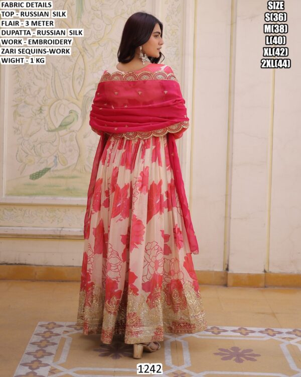 Designer Russian Silk Floral Anarkali Dress with Embroidered Dupatta