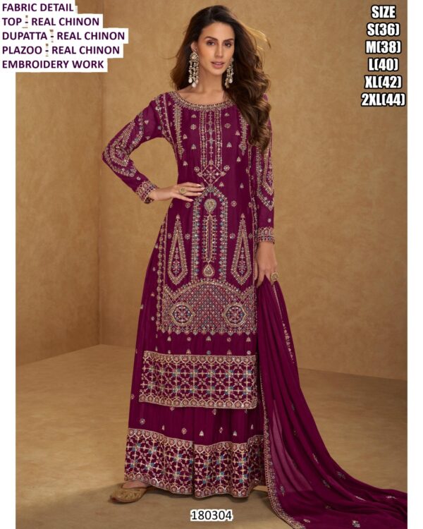 Ladies Designer Real Chinon Embroidered Palazzo Suit Set