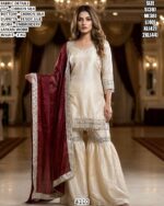 Premium Chinon Silk Embroidered Sharara Pair with Maroon Dupatta for Women