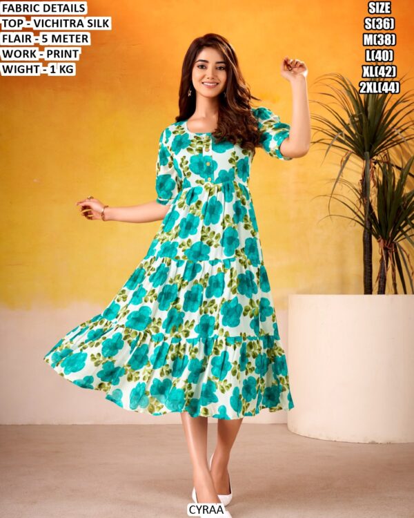 Designer Vichitra Silk Printed Flared Dress for Women