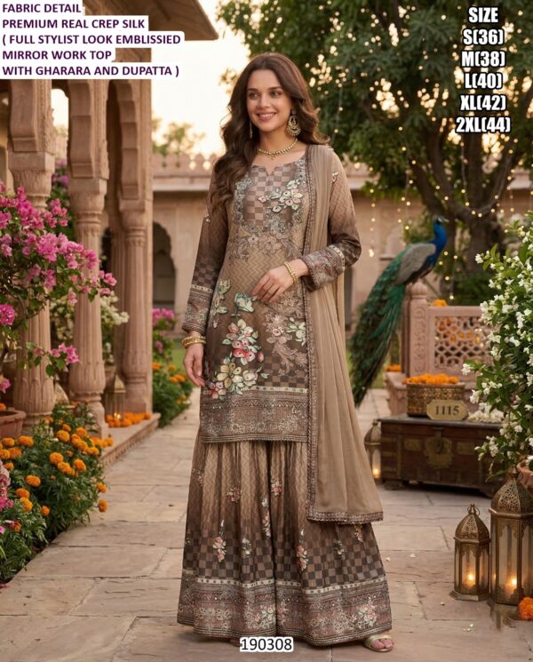 Elegent Crepe Silk Mirror Work Sharara Suit Set with Dupatta for Women