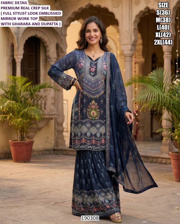 Elegent Crepe Silk Mirror Work Sharara Suit Set with Dupatta for Women