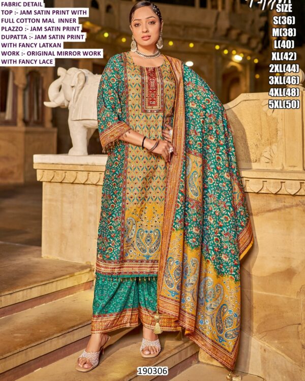 Women’s Jam Satin Printed Mirror Work Palazzo Suit Set