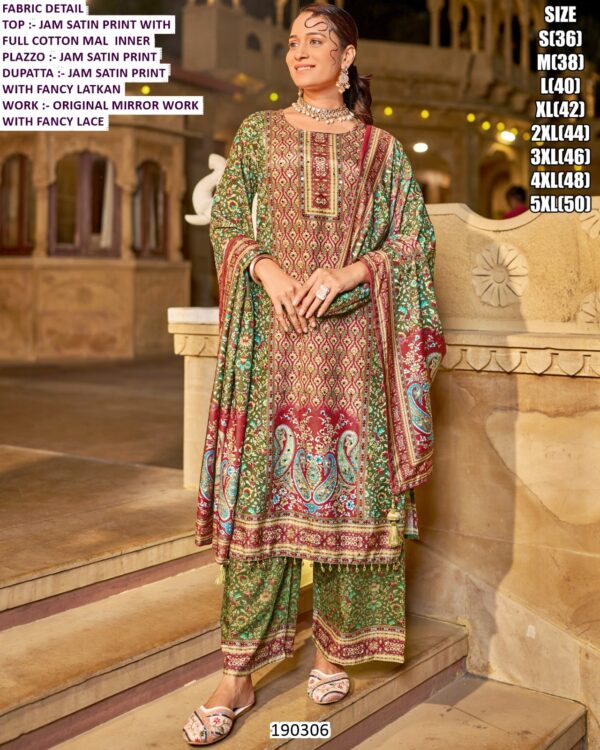 Women’s Jam Satin Printed Mirror Work Palazzo Suit Set