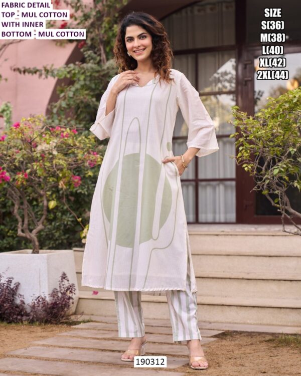 White Mul Cotton Printed Kurti Pant Set for Women with Inner – Stylish Casual Ethnic Wear
