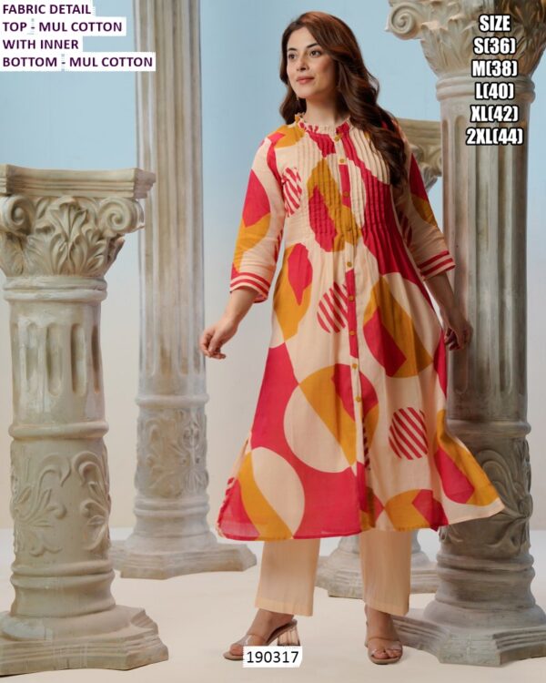 Mul Cotton Abstract Printed Kurti Pant Set for Women with Inner