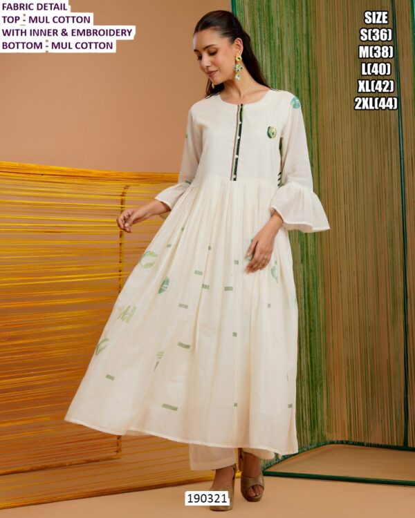 White Mul Cotton Embroidered Kurti Pant Set for Women with Inner & Moti Work