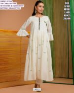 White Mul Cotton Embroidered Kurti Pant Set for Women with Inner & Moti Work