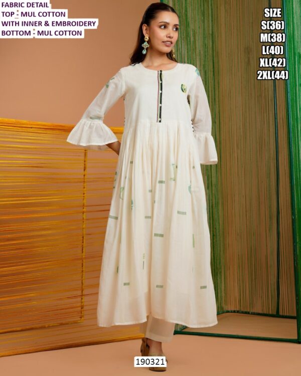 White Mul Cotton Embroidered Kurti Pant Set for Women with Inner & Moti Work