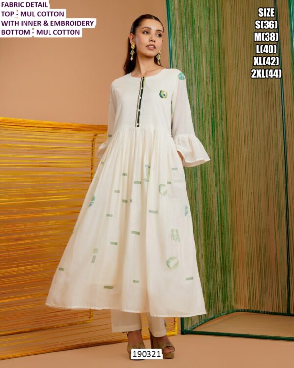 White Mul Cotton Embroidered Kurti Pant Set for Women with Inner & Moti Work
