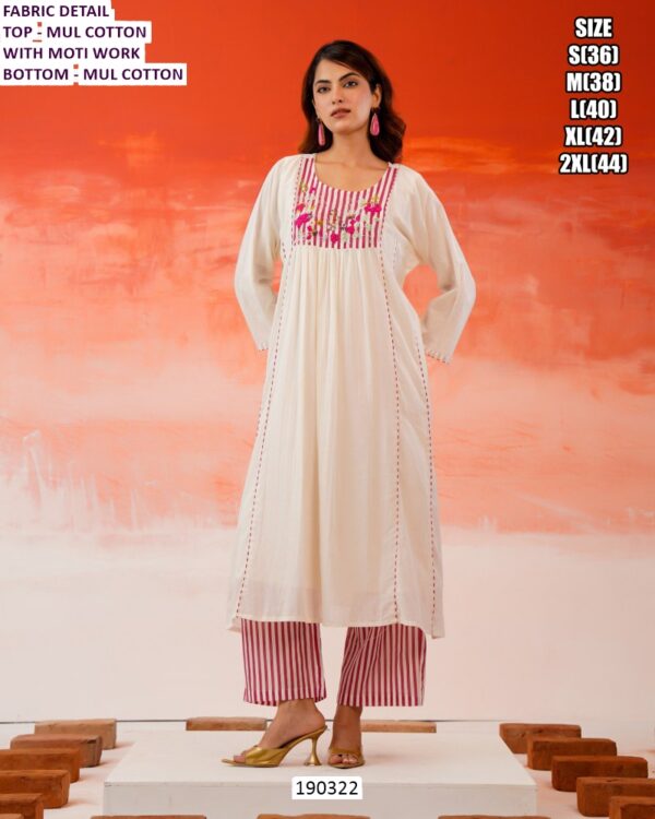 White Mul Cotton Embroidered Kurti Pant Set for Women with Inner & Moti Work