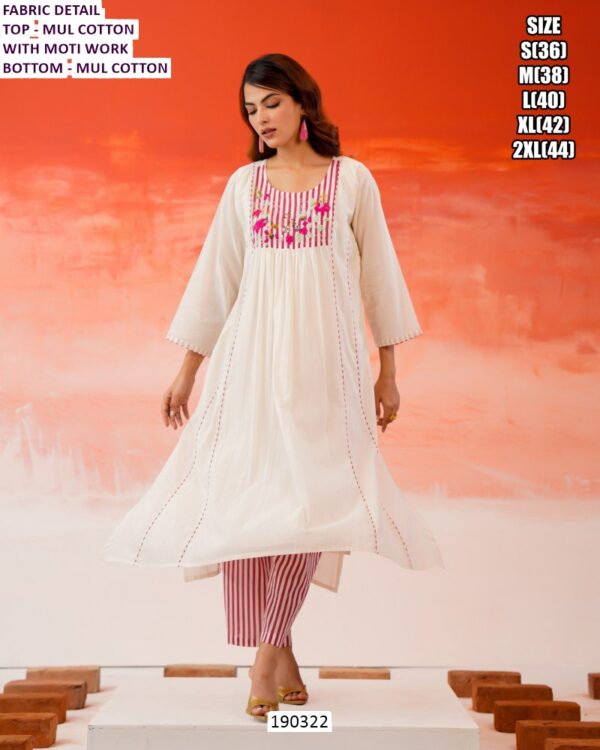 White Mul Cotton Embroidered Kurti Pant Set for Women with Inner & Moti Work