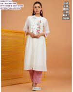 White Mul Cotton Embroidered Kurti Pant Set for Women with Inner & Moti Work