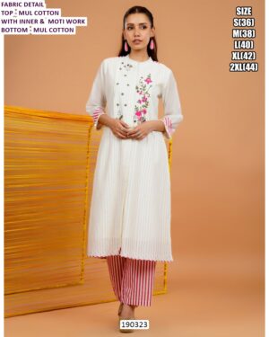 White Mul Cotton Embroidered Kurti Pant Set for Women with Inner & Moti Work