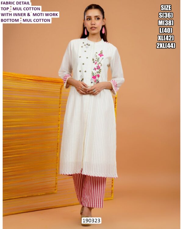 White Mul Cotton Embroidered Kurti Pant Set for Women with Inner & Moti Work