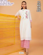 White Mul Cotton Embroidered Kurti Pant Set for Women with Inner & Moti Work