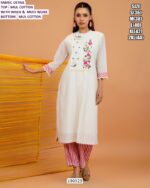 White Mul Cotton Embroidered Kurti Pant Set for Women with Inner & Moti Work