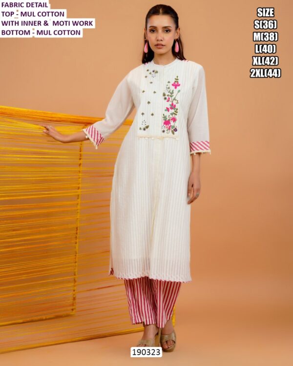 White Mul Cotton Embroidered Kurti Pant Set for Women with Inner & Moti Work
