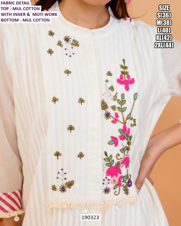 White Mul Cotton Embroidered Kurti Pant Set for Women with Inner & Moti Work