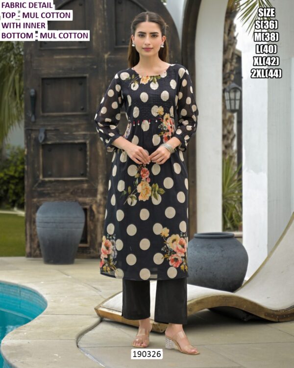 Women’s Mul Cotton Kurti Pant Set with Polka Dots and Floral Print