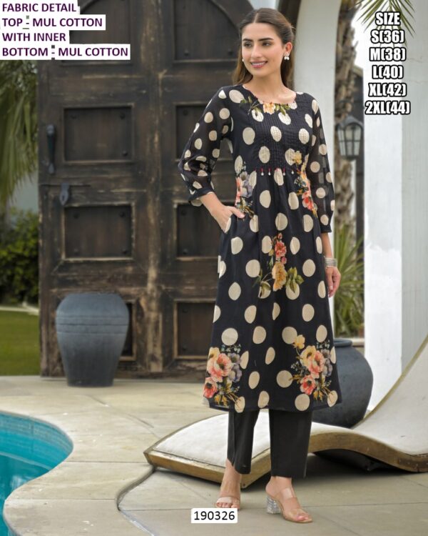 Women’s Mul Cotton Kurti Pant Set with Polka Dots and Floral Print