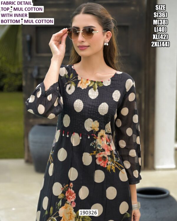 Women’s Mul Cotton Kurti Pant Set with Polka Dots and Floral Print